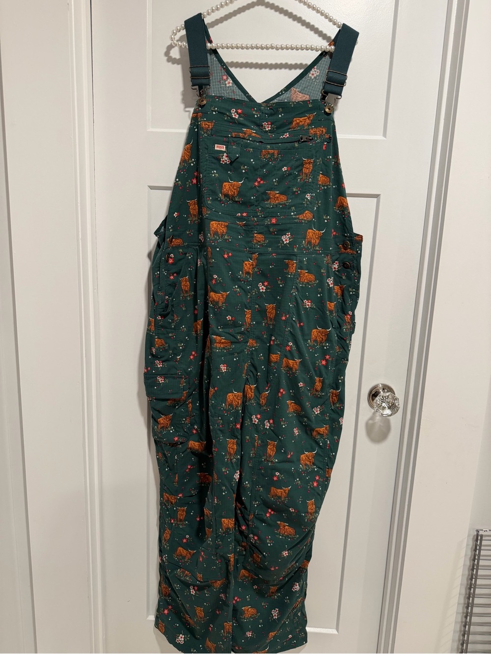 Duluth Trading Co Green Floral & Highland Cow women’s Overalls - Picture 3 of 9